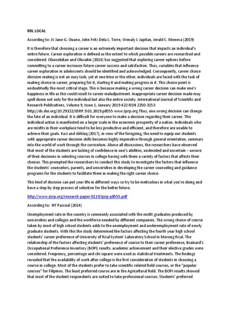 Local RRL on Career Decision-Making | PDF | Adolescence | Teachers