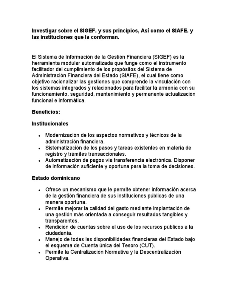 SIGEF y SIAFE: Principios y Beneficios | PDF | Estado (política ...