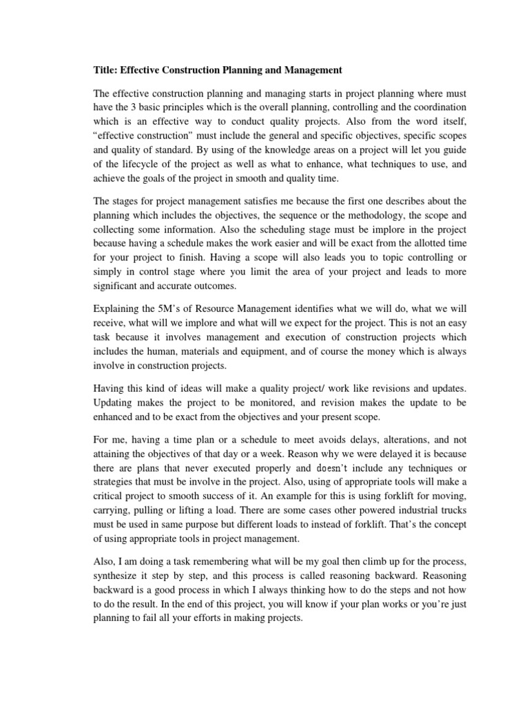 Effective Construction Planning and Management PDF Project