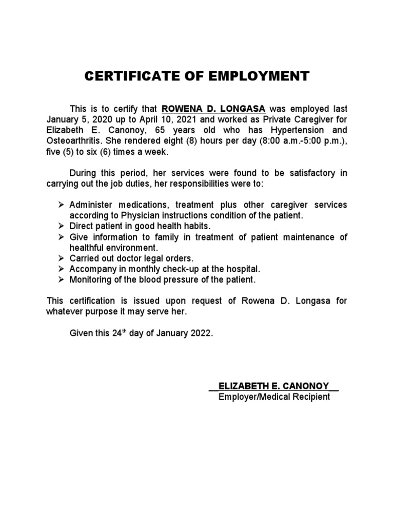 Certificate of employment pdf