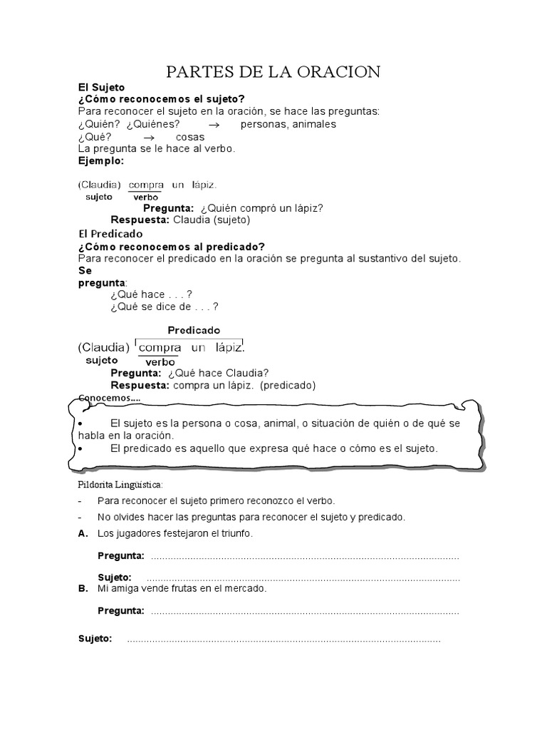 Partes de la Oración: Sujeto y Predicado | PDF | Asunto (gramática ...