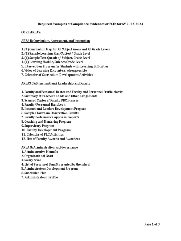 Compliance Evidence Requirements for Schools | PDF | Curriculum ...