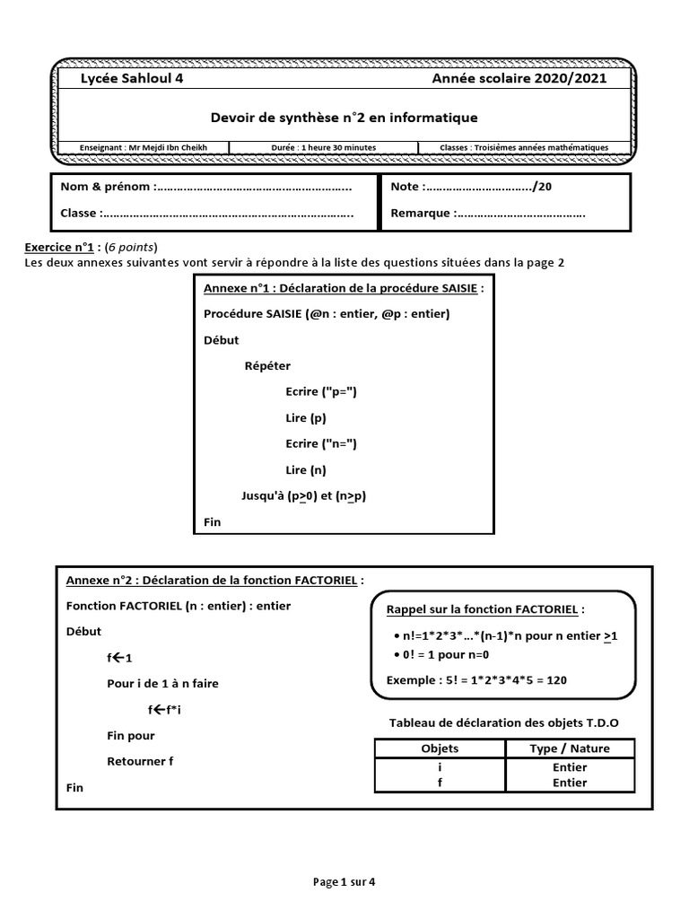 Devoir Informatique Lycée Sahloul 4 | PDF | Mathématiques | Informatique