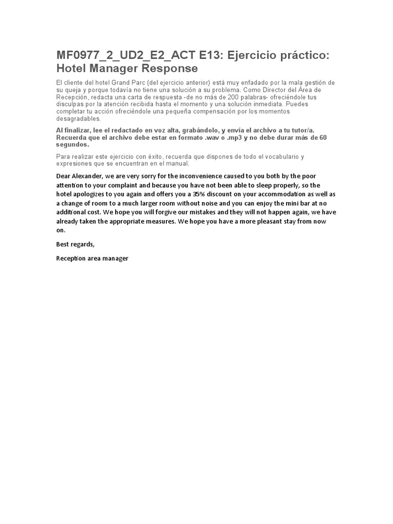 E13 Hotel Manager Response | PDF