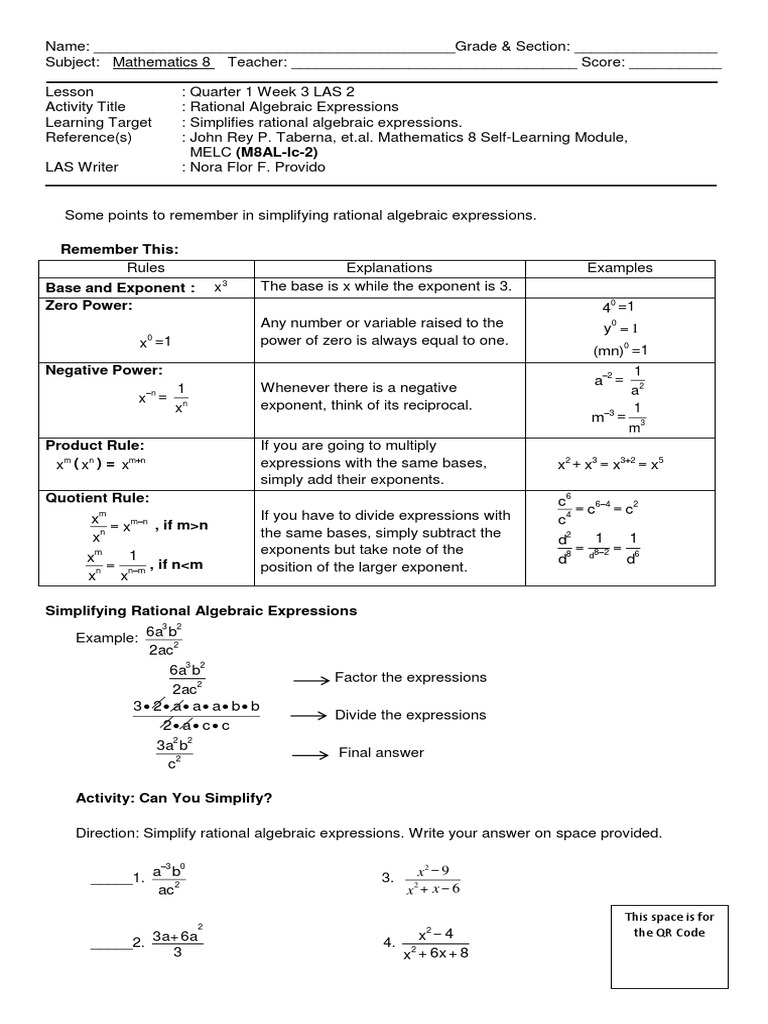 Simplifying Rational Algebraic Expressions | PDF | Exponentiation ...