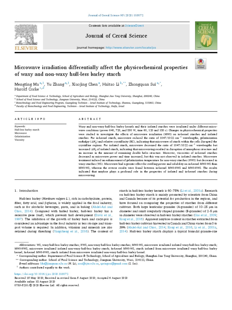 Journal of Cereal Science Mengting Ma, Yu Zhang, Xiaojing Chen, Haitao