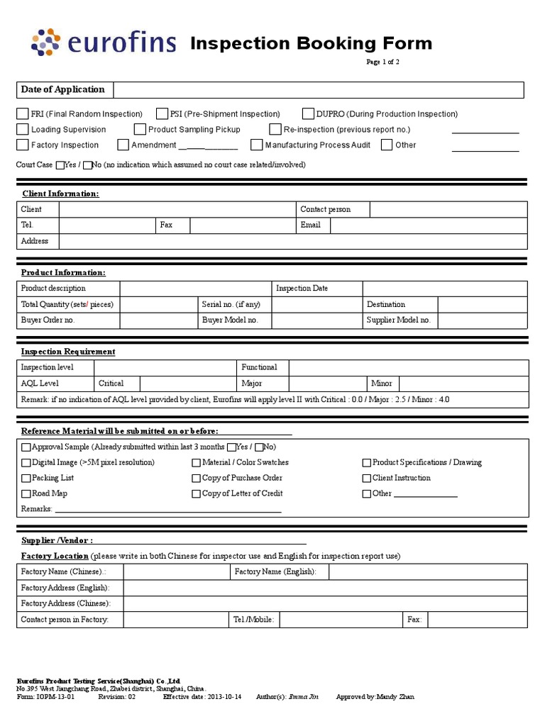 Inspection Booking Form | Download Free PDF | Workweek And Weekend ...