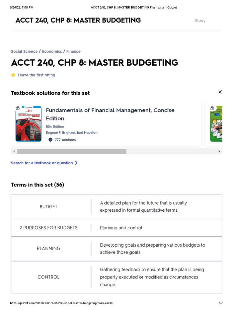 Acct 240, CHP 8 Master Budgeting Flashcards Quizlet PDF Cost Of