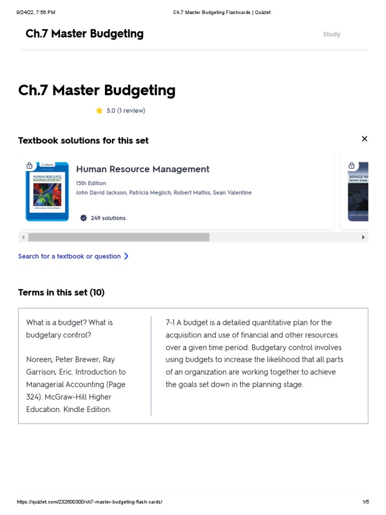 Ch.7 Master Budgeting Flashcards Quizlet PDF Management