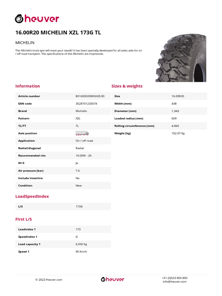 16 00r20 Michelin XZL 173g TL | PDF