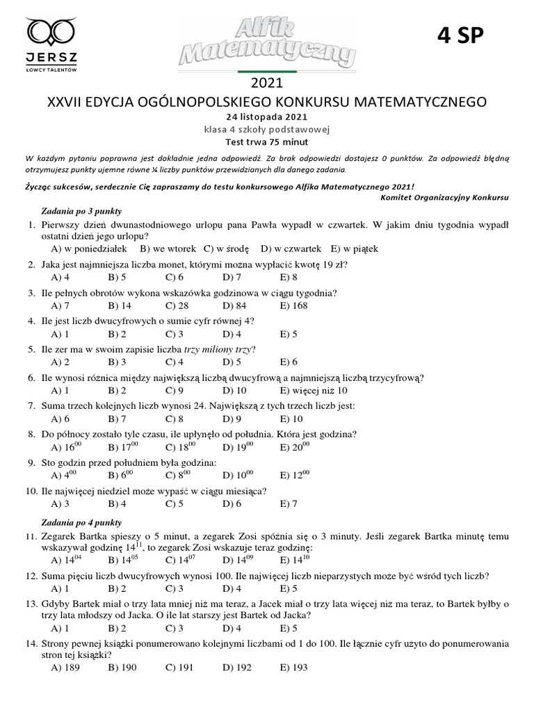Alfik Matematyczny Klasa 4 Odpowiedzi Alfik Matematyczny 2021 4 SP | PDF