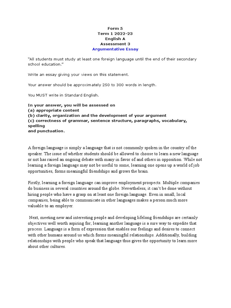 Argumentative Essay on Language Learning | PDF | English Language ...