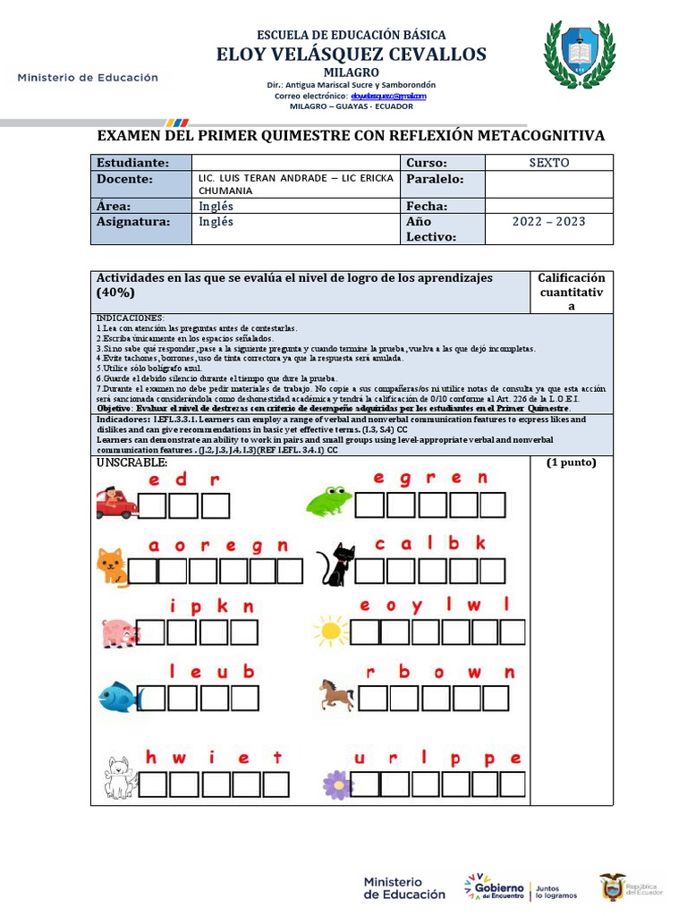 Examen de Inglés 6to Grado 2022-2023 | PDF | Prueba (evaluación ...