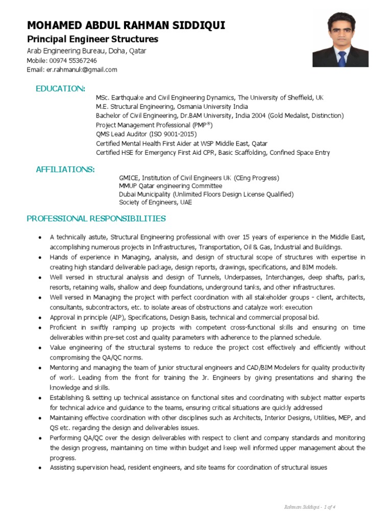 Principal Engineer Structures CV - Abdul Rahman | PDF | Building ...
