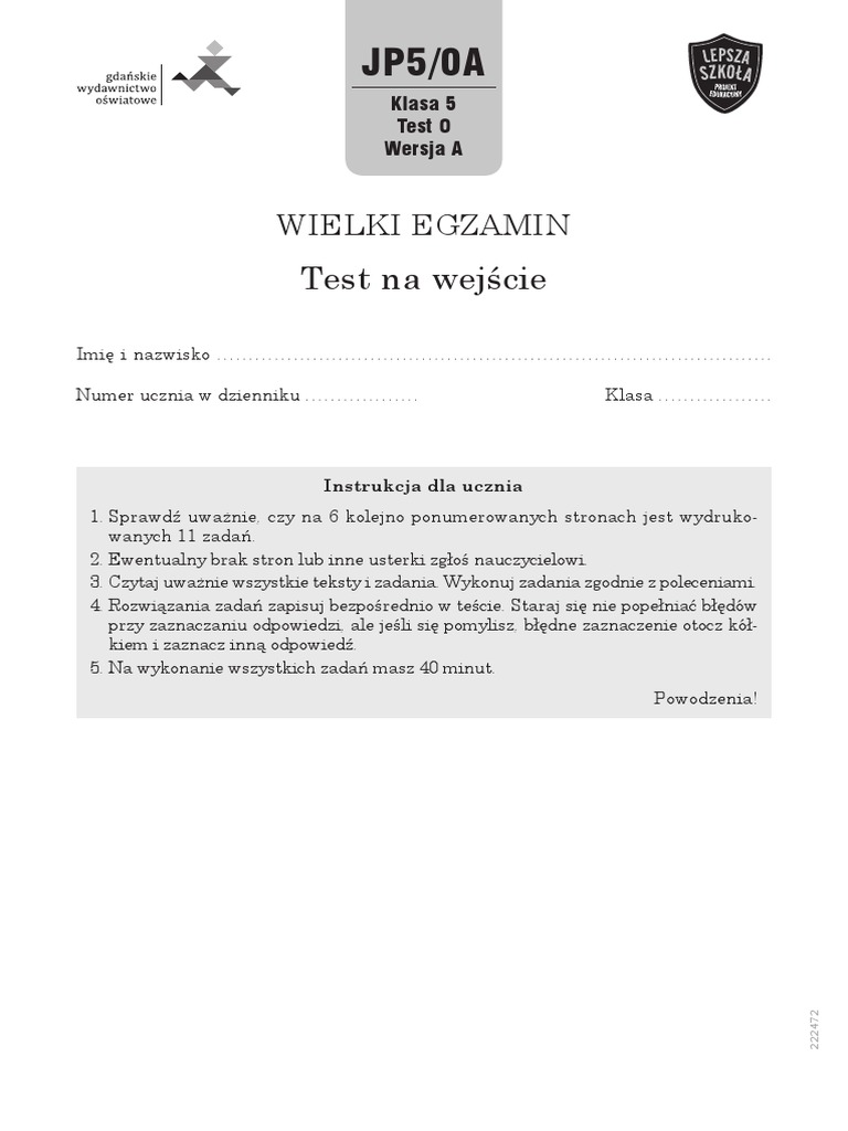 Test Na Wejscie Jezyk Polski Klasa 5