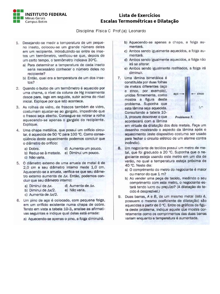 Lista Exercícios - Escalas Termométricas | PDF
