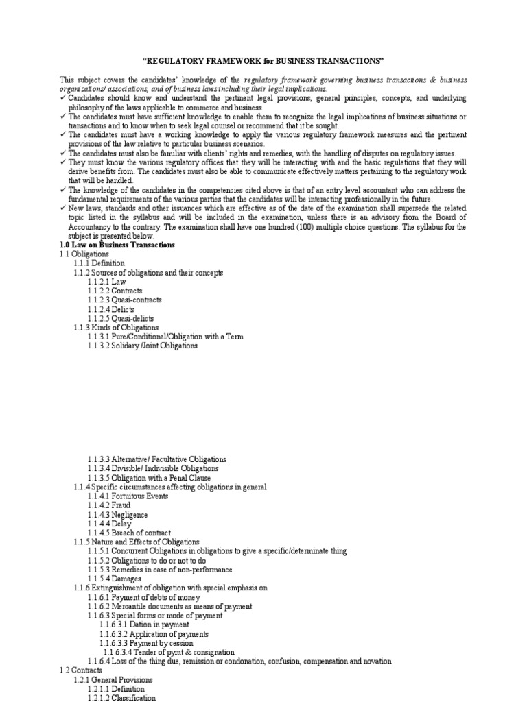 REGULATORY FRAMEWORK For BUSINESS TRANSACTIONS & Taxation Syllabi PDF