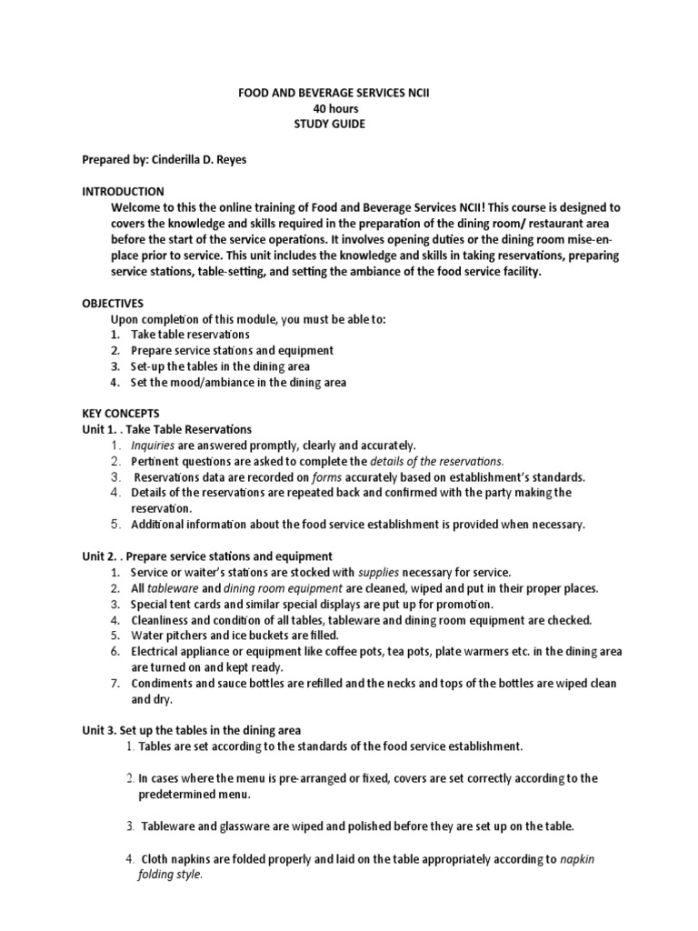 Food and Beverage Services Ncii PDF Restaurants Tableware
