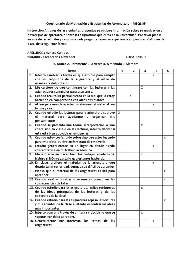 Cuestionario MSLQ de Aprendizaje | PDF | Aprendizaje | Motivación