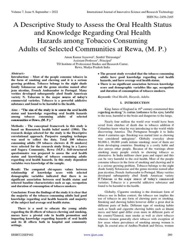 A Descriptive Study To Assess The Oral Health Status and Knowledge ...