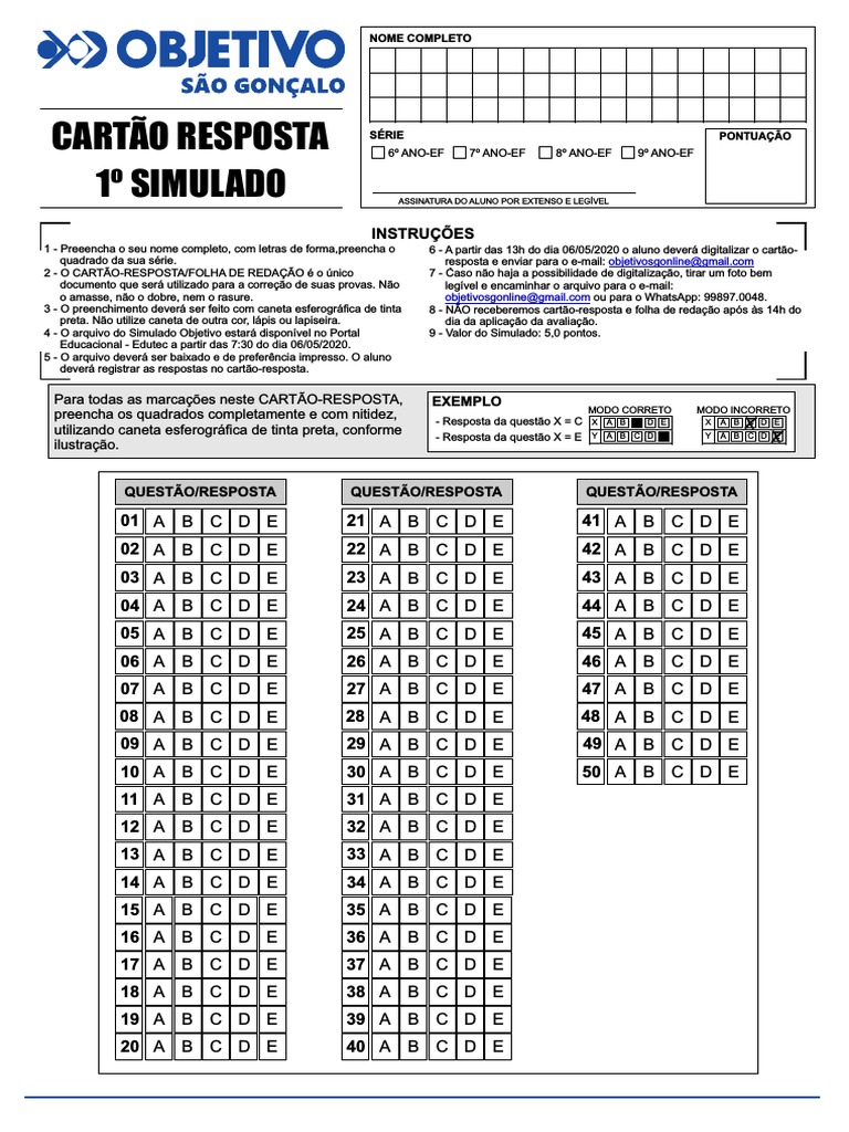 Cartão Resposta para Simulado 6º Ano | PDF | Caneta