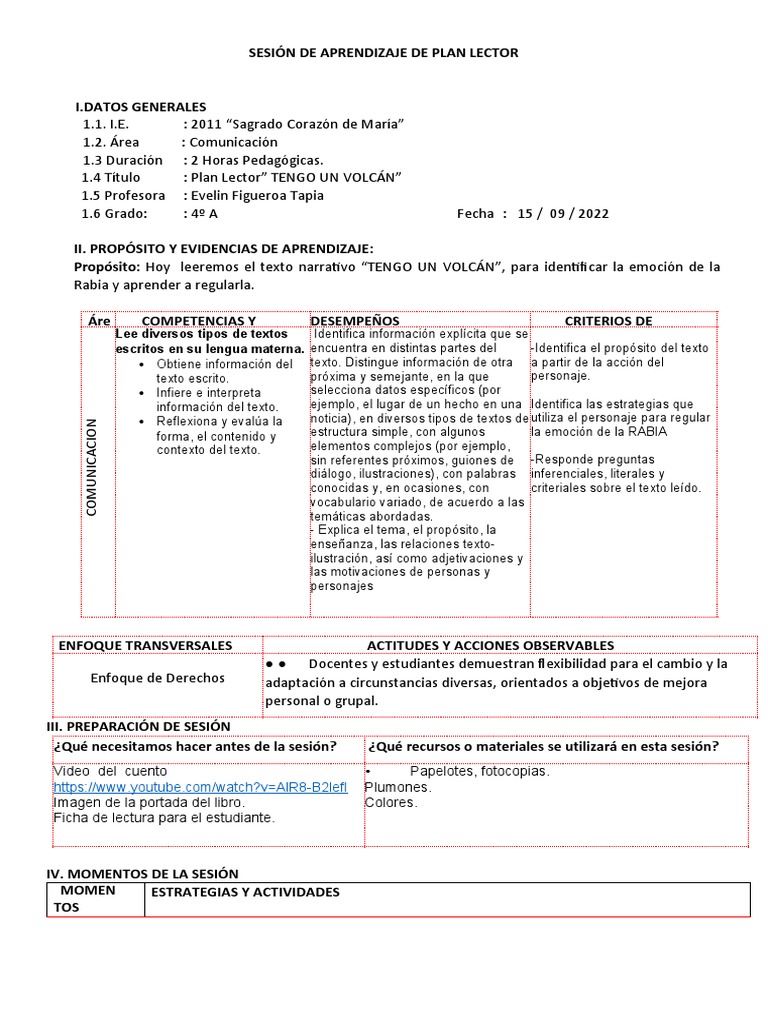 Sesión de Aprendizaje: Plan Lector 4º A | PDF | Aprendizaje | Ciencia ...