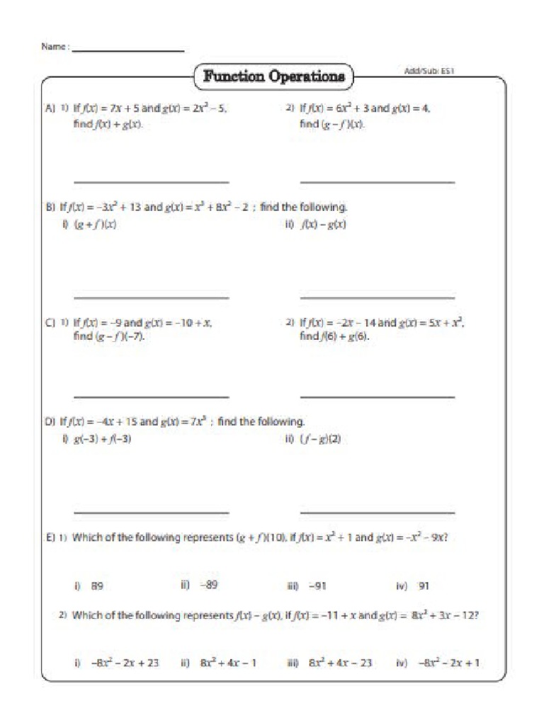Operations on functions worksheets pdf