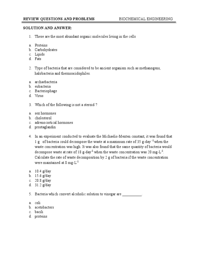 Biochemical Engineering Review Questions | PDF | Biochemistry | Chemistry