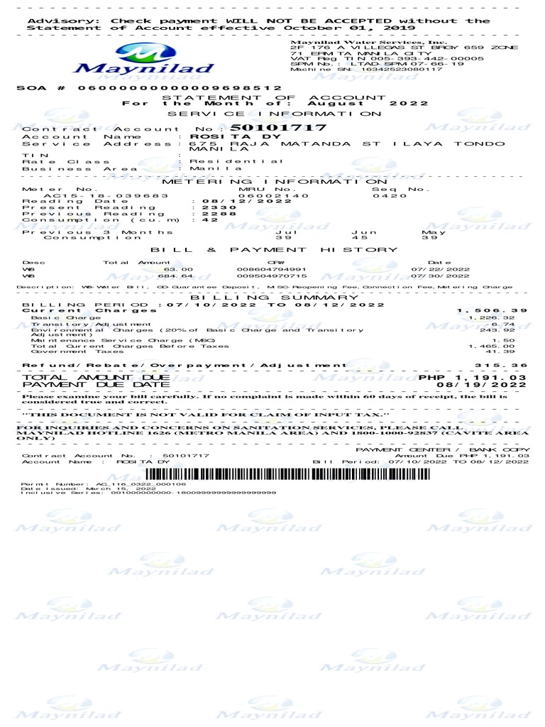August MAYNILAD BILL PDF Tax Refund Manila