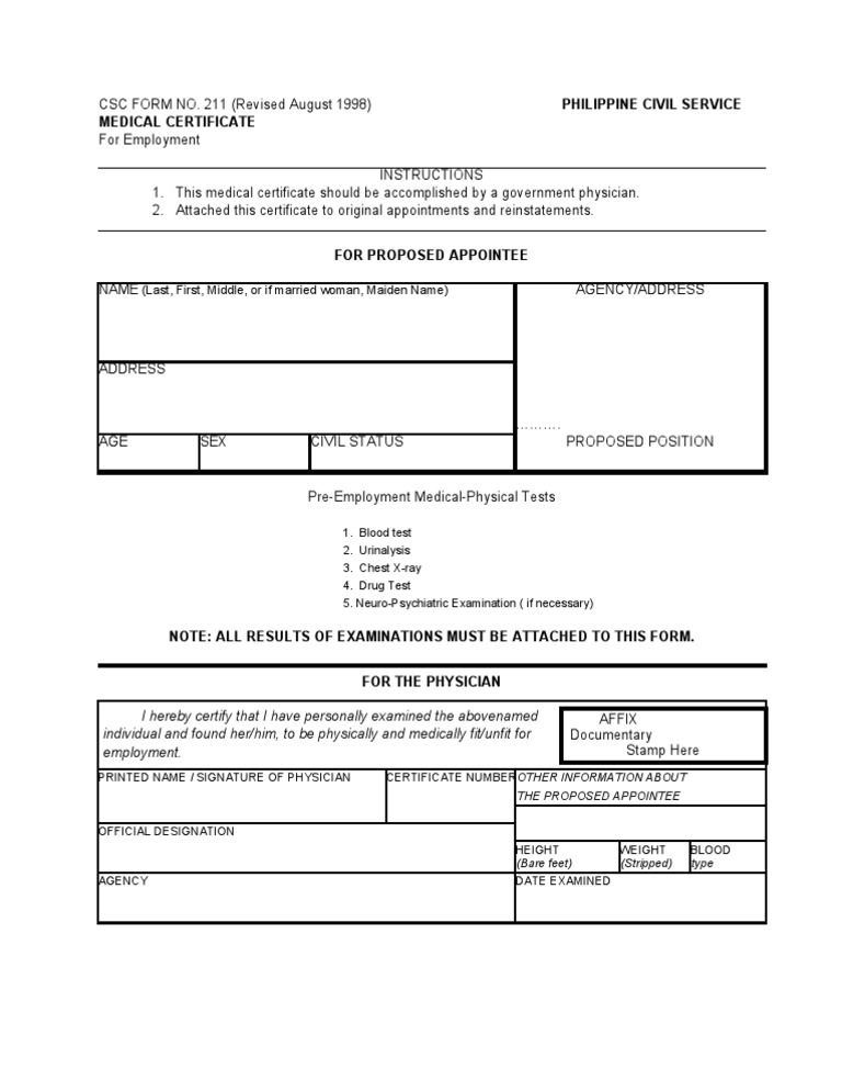 Civil Service Medical Certificate Form | PDF | Self-Improvement