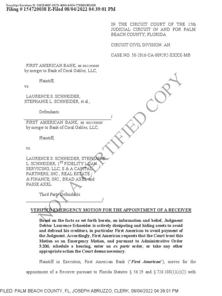 1036 Verified Emergency Motion Receivership First American 08.04.2022 PDF Piercing The