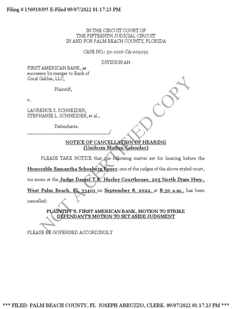 Not A Certified Copy Notice of Cancellation of Hearing (Uniform Motion