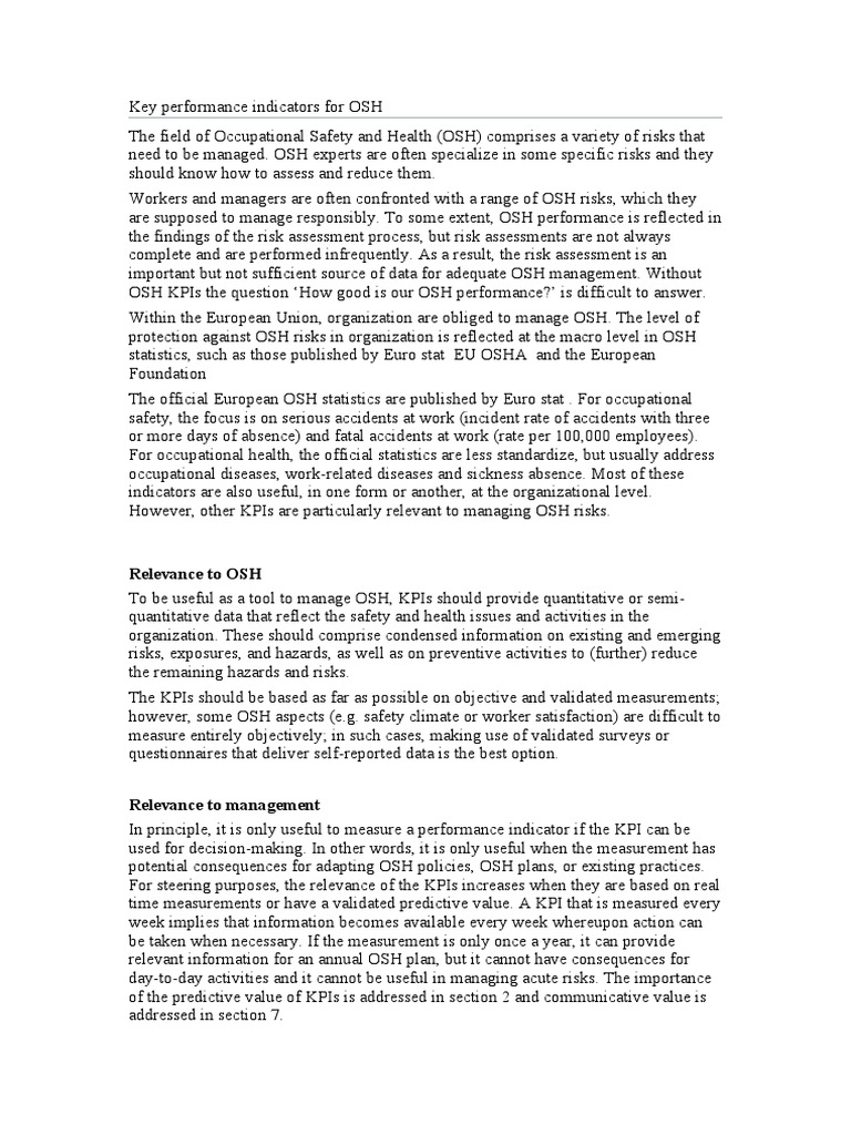 Key Performance Indicators For OSH PDF Occupational Safety And Health Health Sciences