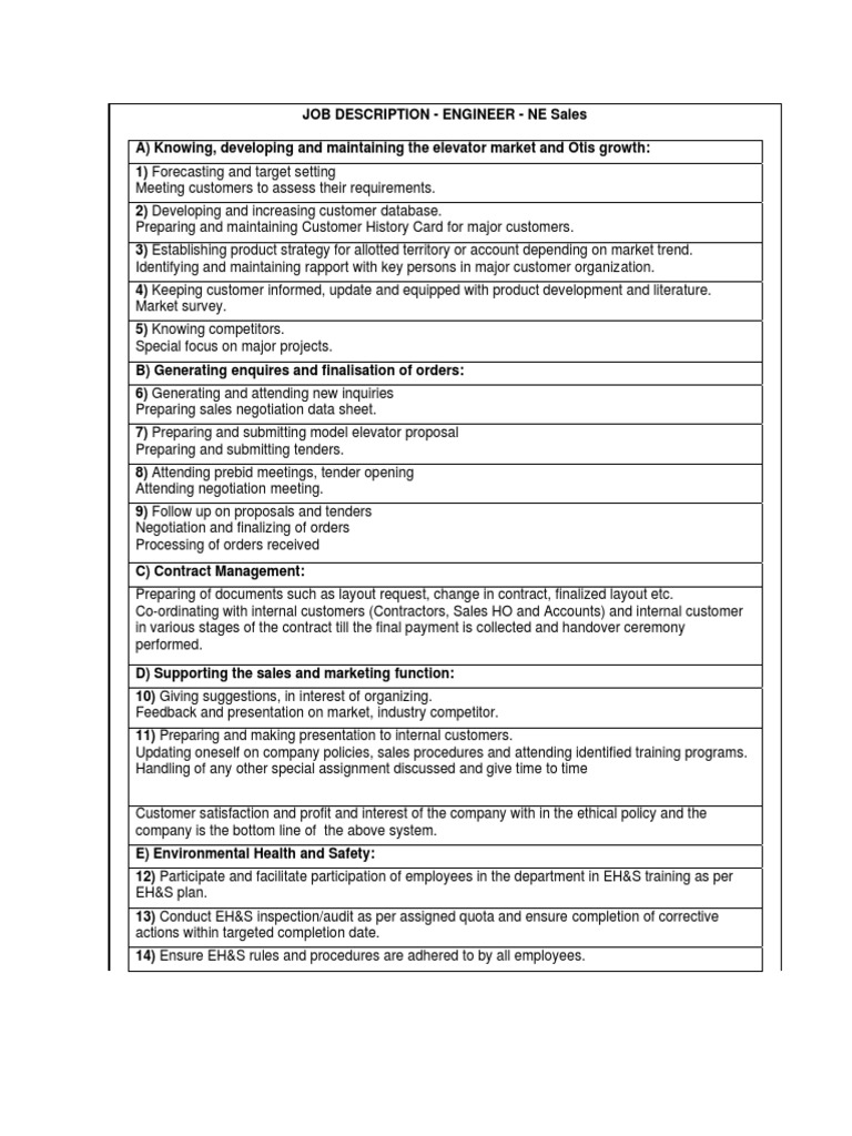 Job Description Otis Elevator PDF