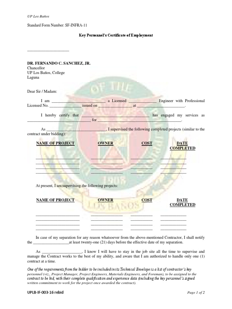 SFINFRA11 Key Personnel's Certificate of Employment PDF Business