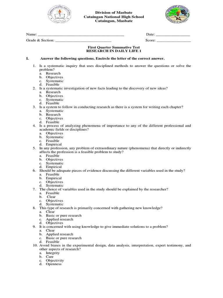RESEARCH 1ST QUARTER SUMMATIVE TEST | PDF | Scientific Method | Methodology