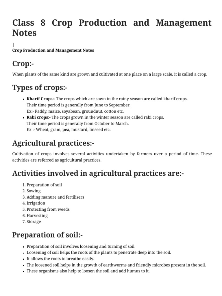 Class 8 crop production and management notes brainigniter pdf