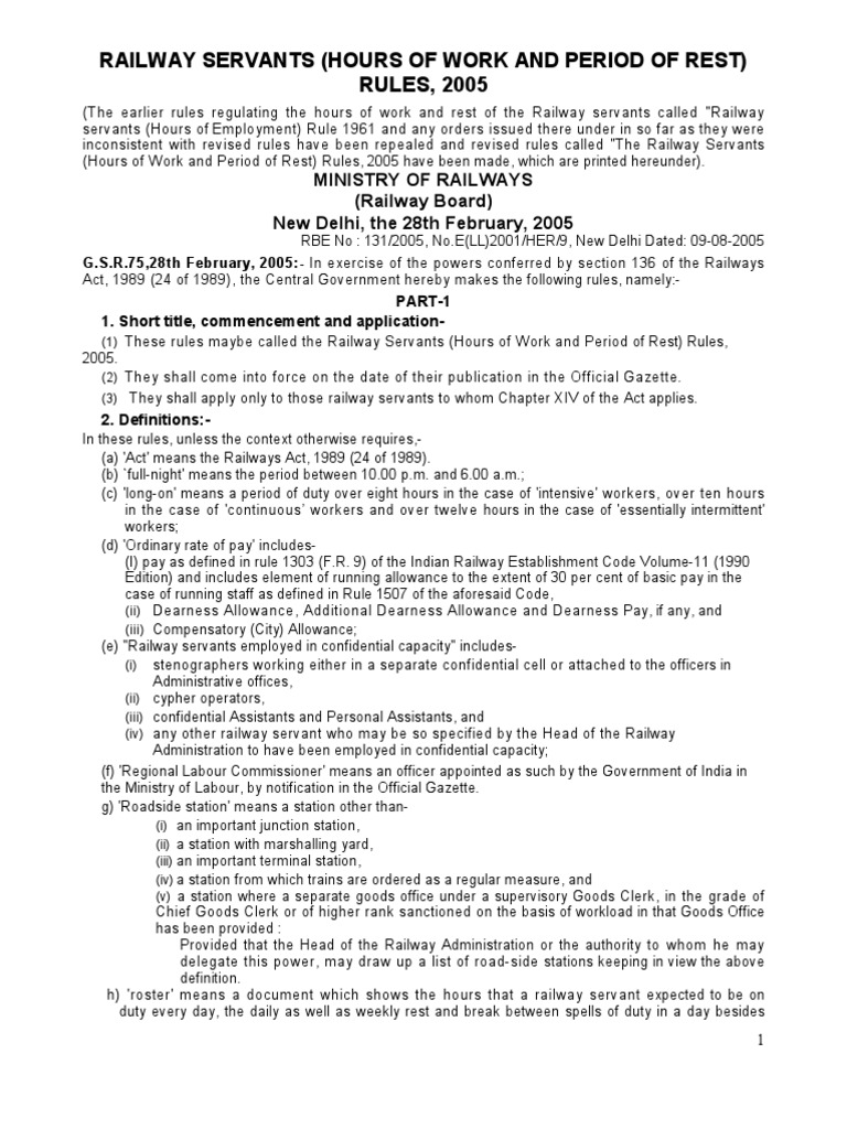 Railway Servants Work & Rest Rules 2005 | PDF | Overtime | Domestic Worker