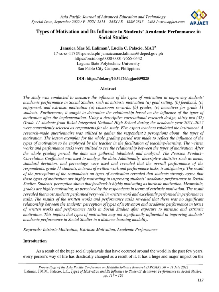 Types of Motivation and Its Influence To Students' Academic Performance ...
