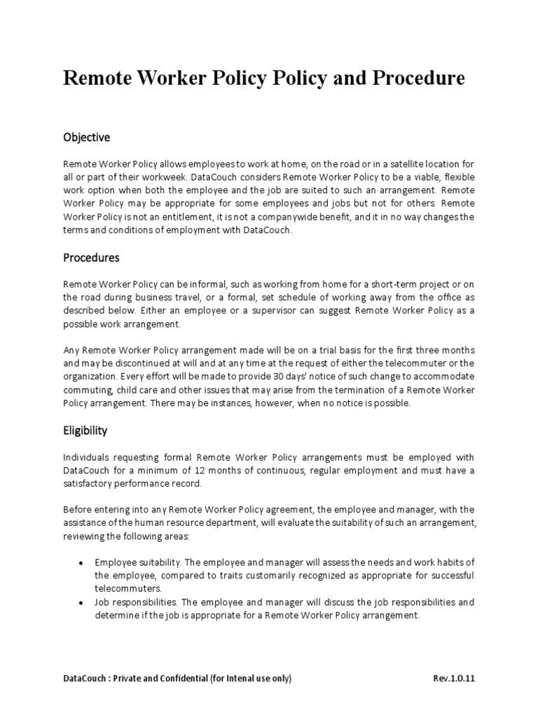 Remote Worker Policy Policy and Procedure PDF Employment Labor