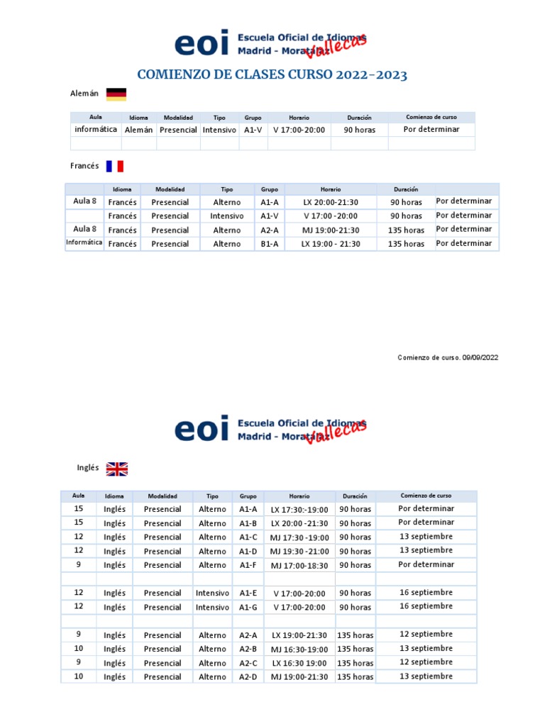 Comienzo Clases Idiomas 2022-2023 | PDF | Idiomas del Reino Unido