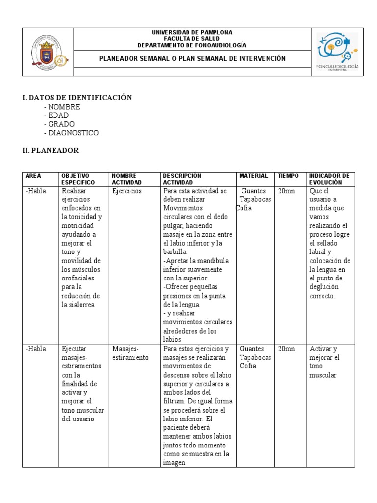 Formato planeador semanal salon sensorial pdf masaje