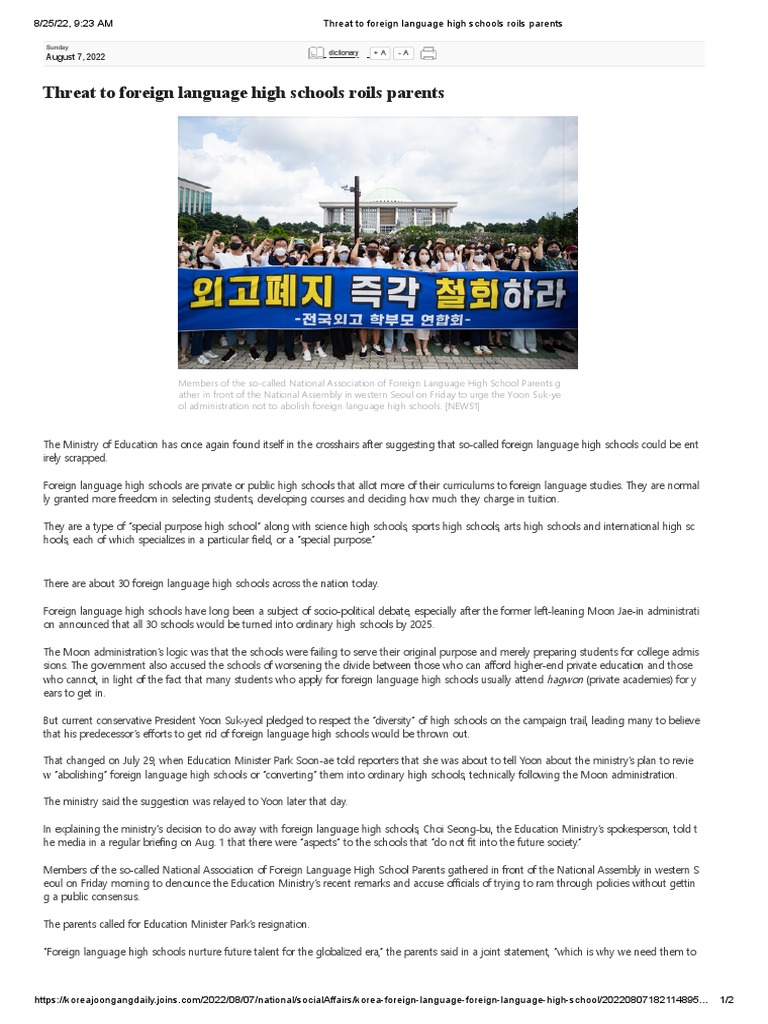 Threat To Foreign Language High Schools Roils Parents KOREA PDF