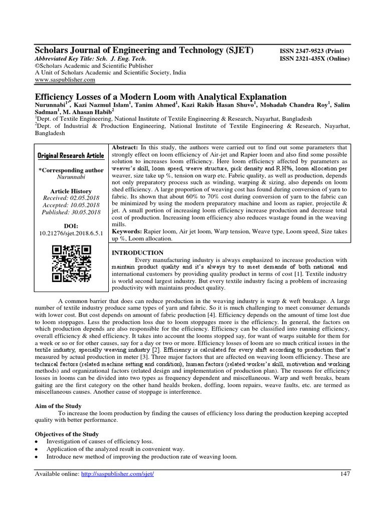 Efficiency Losses of A Modern Loom With Analytical Explanation PDF