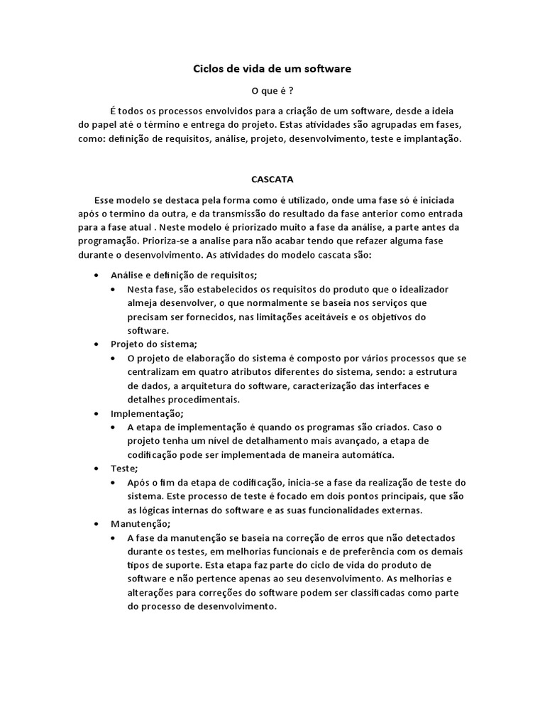Ciclos de Vida de Software: Modelos e Etapas | PDF | Testes de software ...