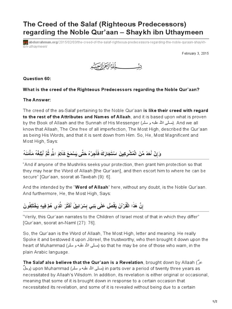 Salafi Creed on the Noble Qur'aan | PDF | Quran | Islam