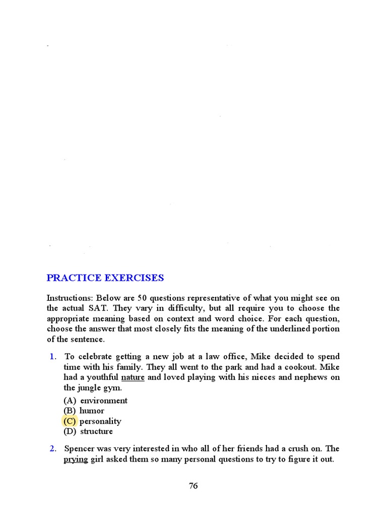 SAT Vocabulary in Context Practice | PDF