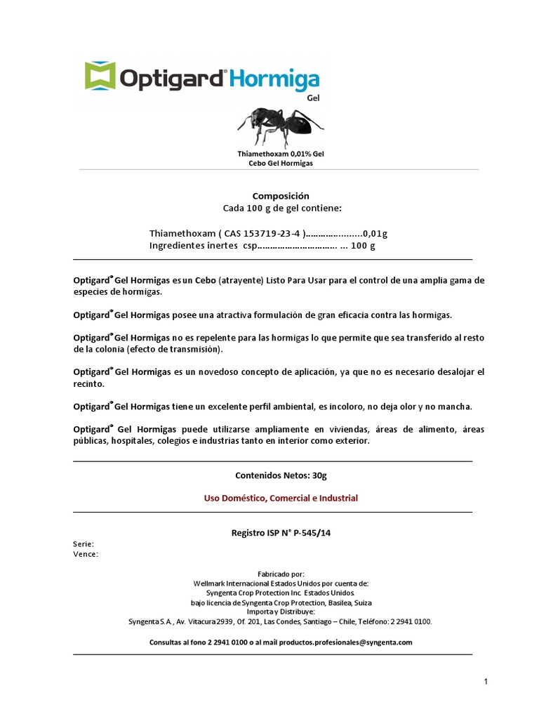 Ficha Tecnica Optigard Gel Hormigas Jeringa 30 Gramos | PDF | Hormiga ...