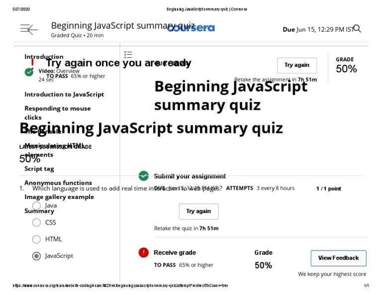 Beginning JavaScript Summary Quiz - Coursera | PDF | Java Script ...