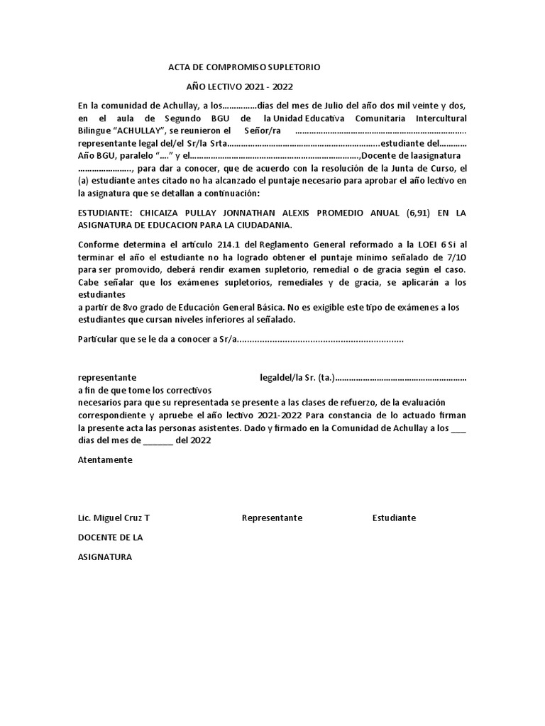 Acta de Compromiso Supletorio Achullay | PDF | Finanzas y dinero